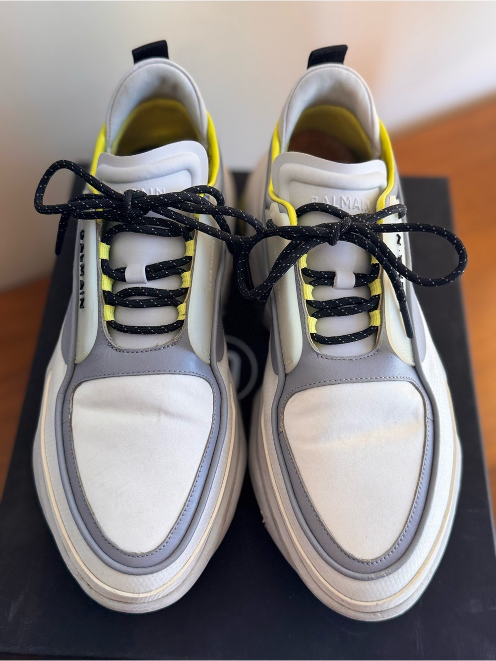 Balmain B-Runner White Grey Neon Yellow Chunky Sneakers Mens US 9 / EU 42